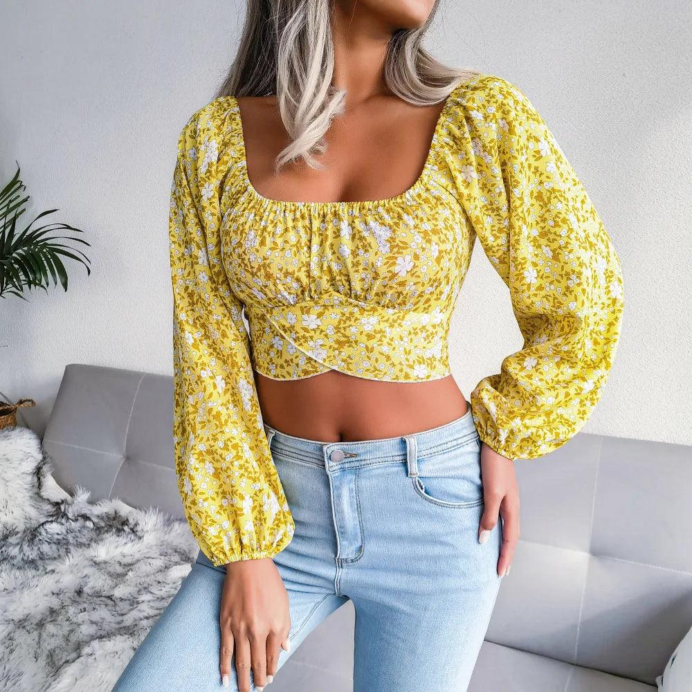 Tops Long Sleeve Floral Retro T-shirt Clothes Unique Design Square Neck Casual Shirt Yellow 724GoShop