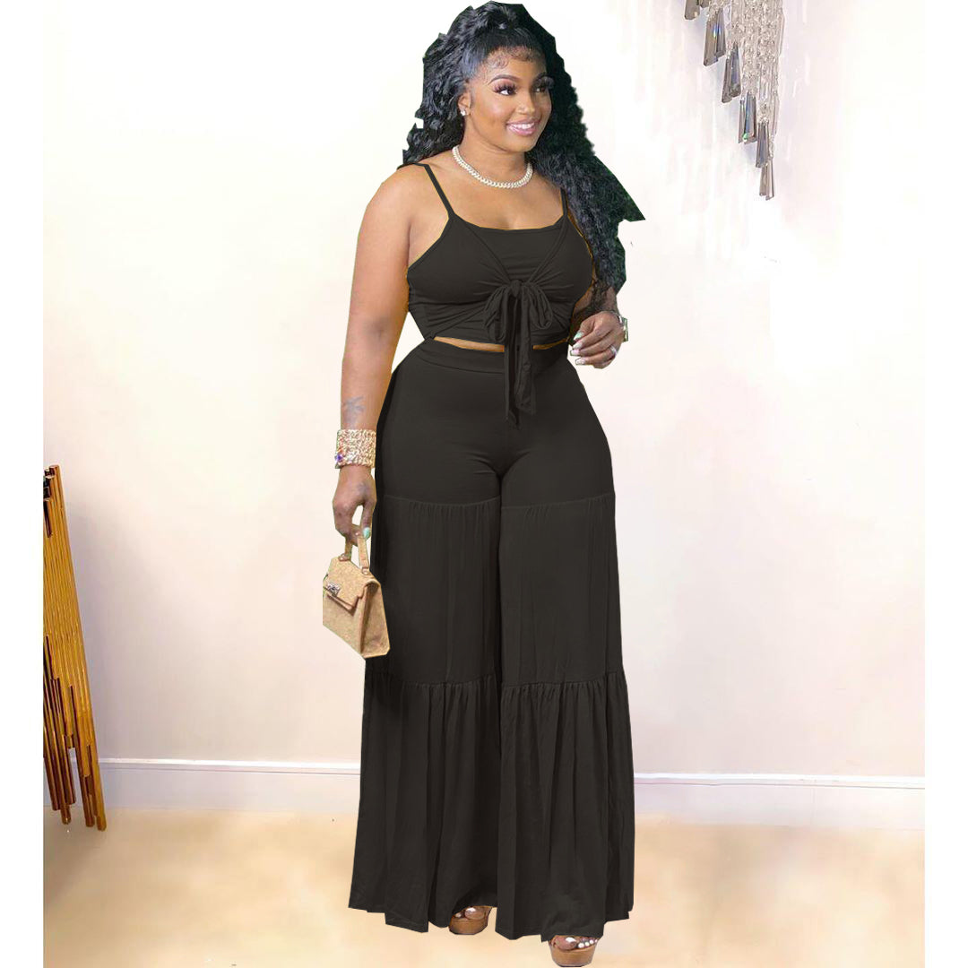 trendy casual plus size women clothes clothing dropshipping 2022 summer tank top and flare pants two 2 piece set fat lady outfit 724GoShop