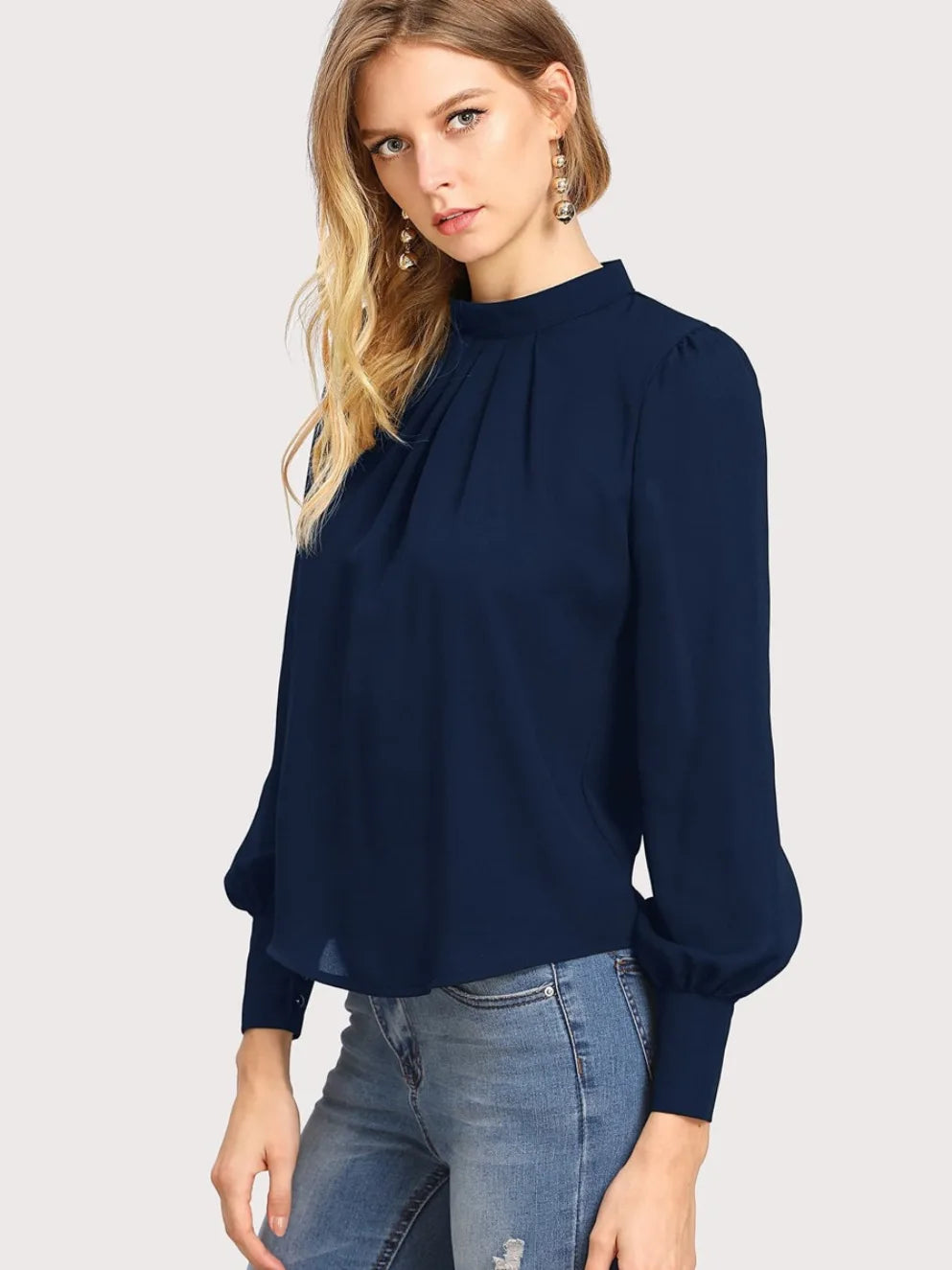 Women Long Sleeve Blouses Lady Loose Casual Chiffon Shirt Tops Blouse NAVY 724GoShop