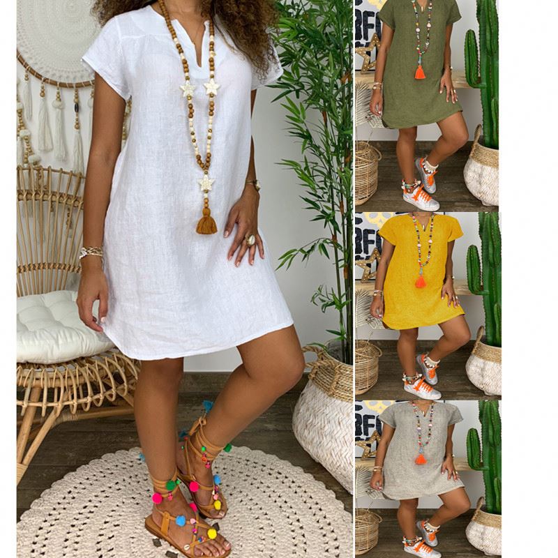 Summer Casual Dresses 2022 Loose Solid Color Short-sleeve V-neck Cotton And Linen Dress 724GoShop