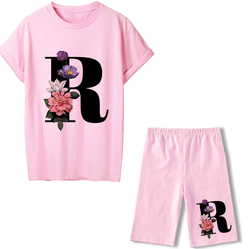 Short Sleeve Graphic Tee Black Letter Floral Tshirt Women T Shirt And Shorts 2 Pieces Set Outfits R 724GoShop