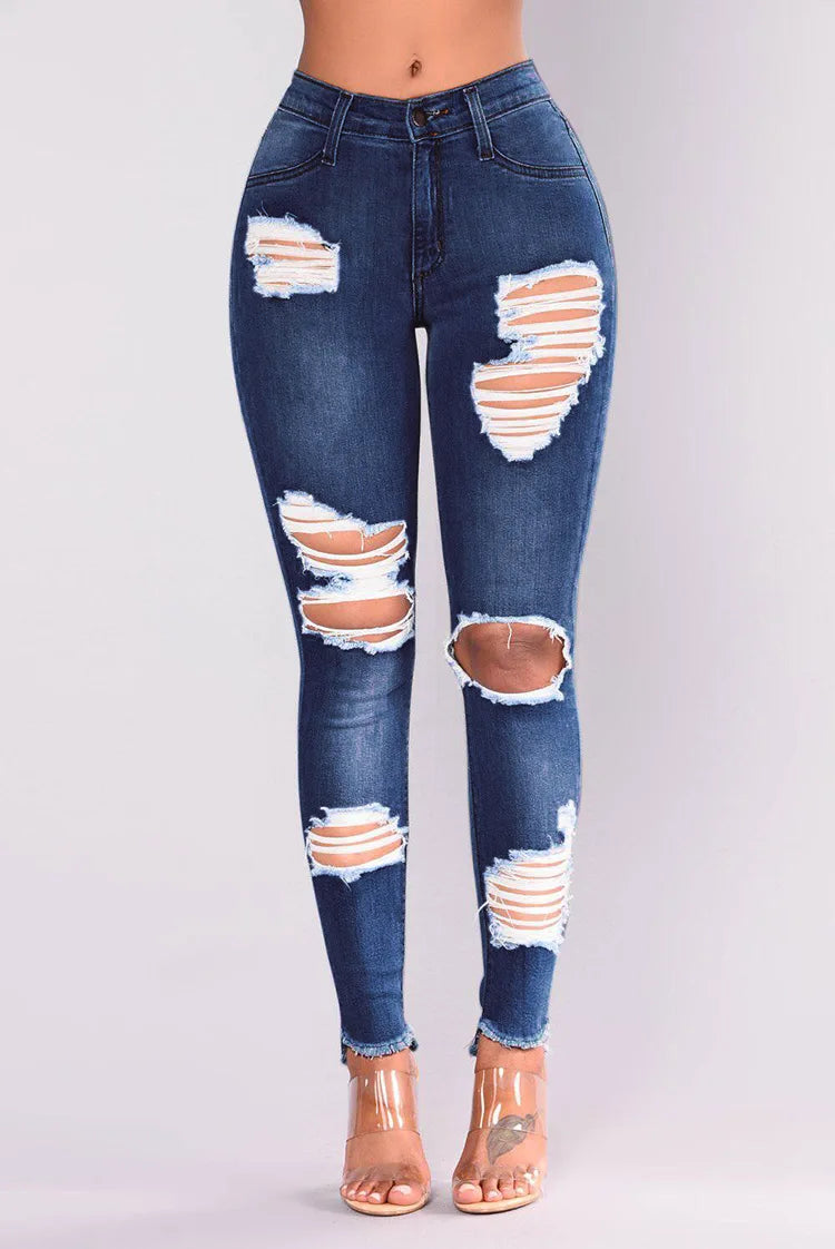 Women High Waist Hip Lifting Ripped Denim Slim Fit Denim Jeans Blue 724GoShop