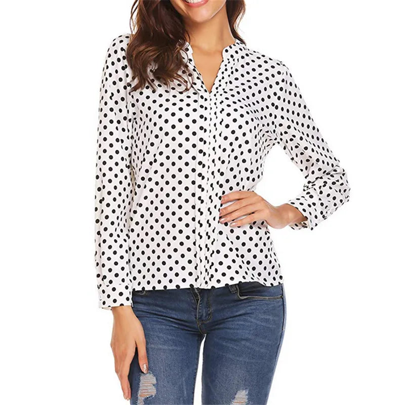 Women Polka Dot Printed V-neck Long Sleeve Roll Sleeve Loose Blouse White 724GoShop