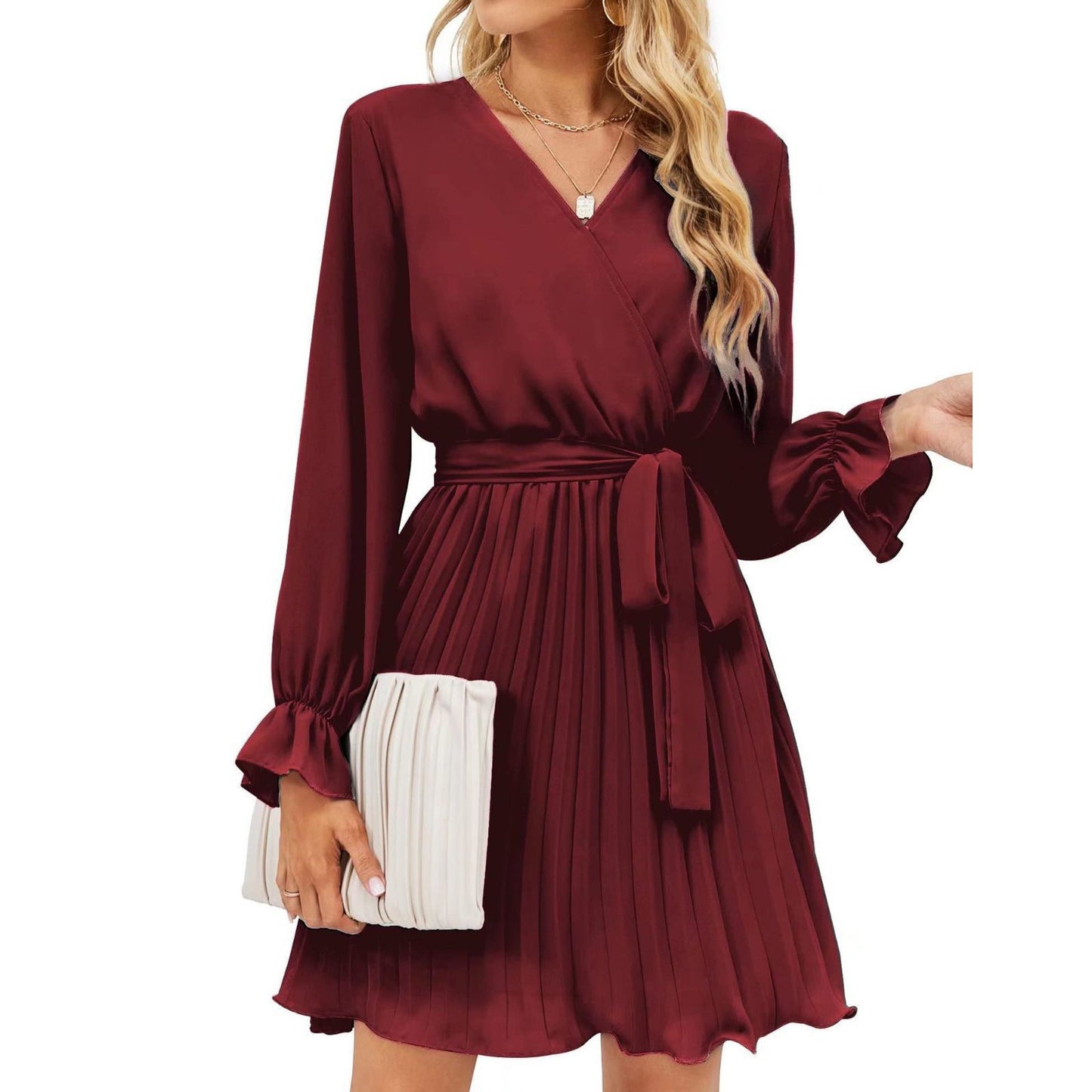 Women's Fashion Dress Long Sleeve Elegant Dress Casual V-neck Pleated Mini Dress with Belt 724GoShop