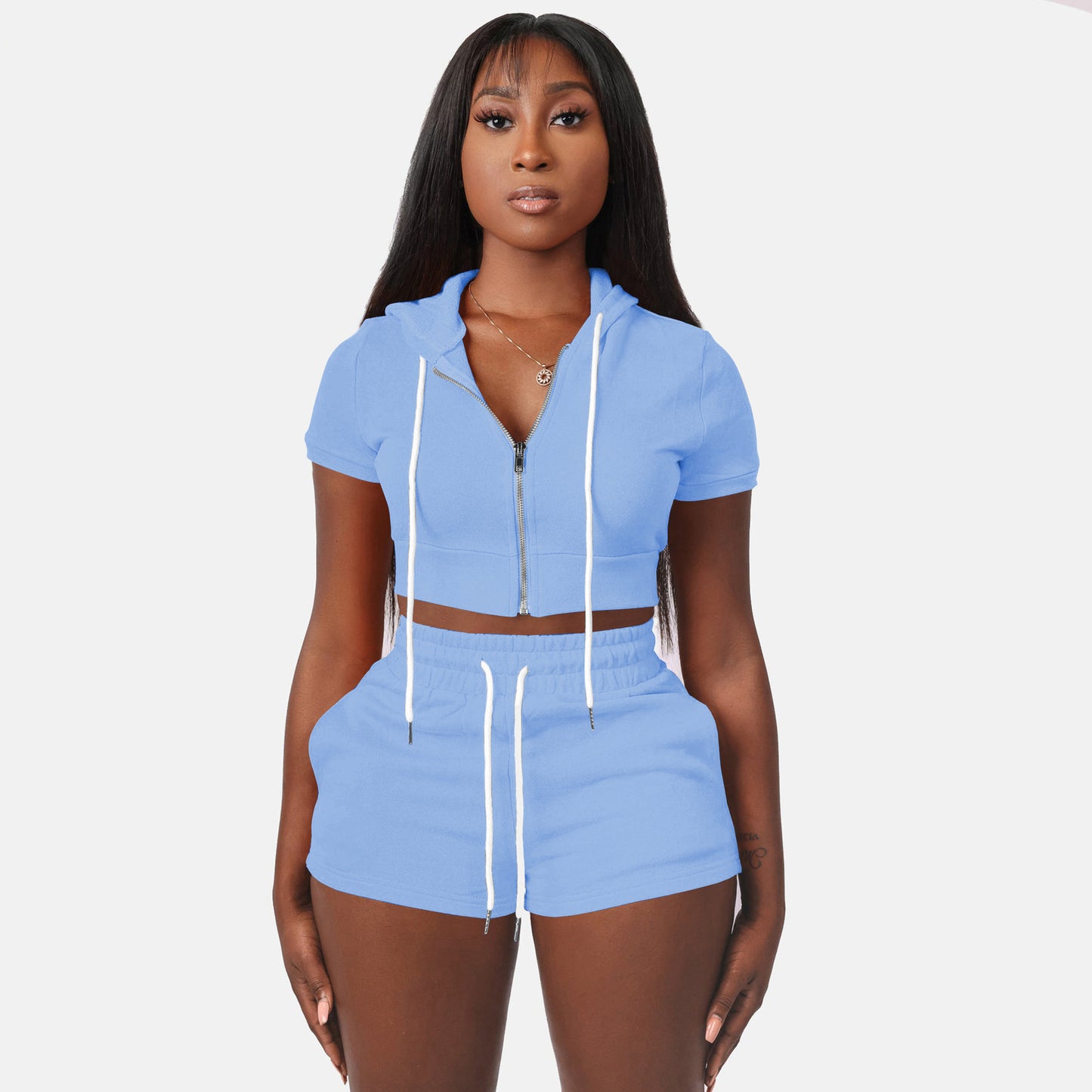 Short Set Women's Two Piece Sports Crop Top Hoodie Jogger Set Light Blue 724GoShop