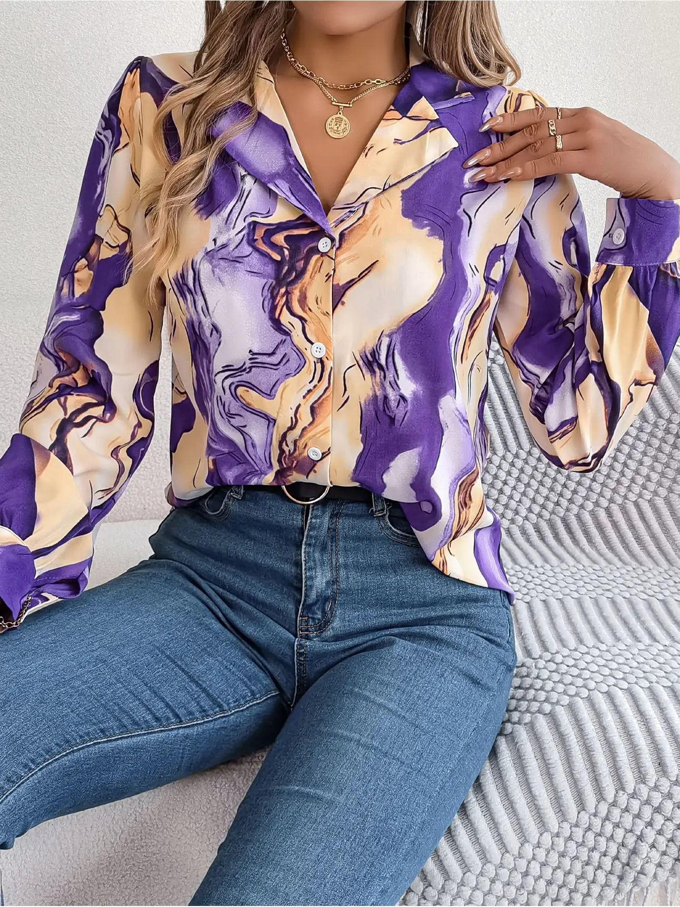 top women blouse casual contrasting printed striped blazer collar long sleeve ladies shirt Purple 724GoShop