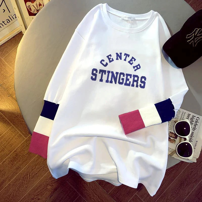 new women's blouse cartoon printing stitching sleeves white long-sleeved T-shirt ladies casual pullover C7322# 724GoShop