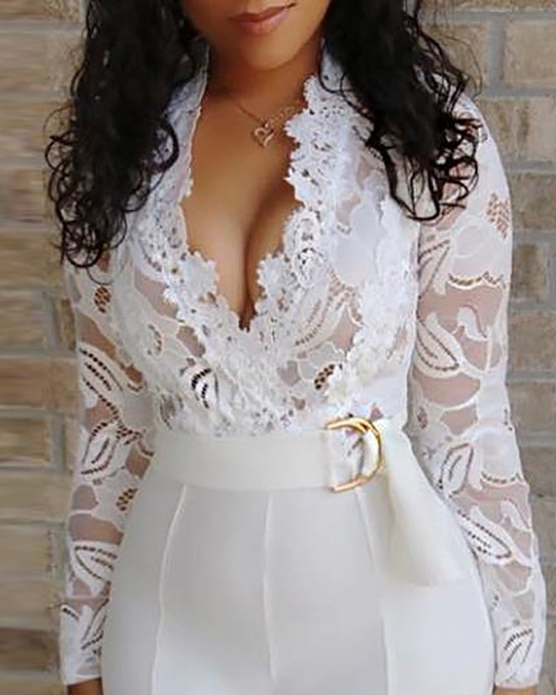 Women's trousers pants one piece jumpsuits spring summer European and American lace white rompers jumpsuit plus size pants 724GoShop