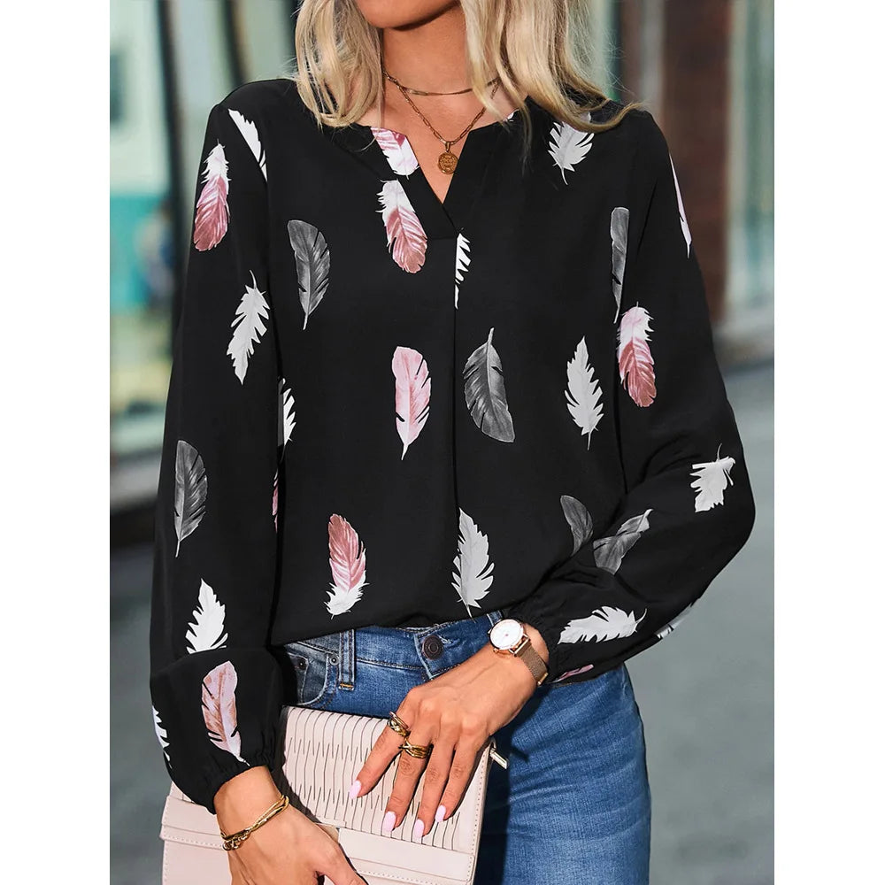 new ladies V neck feather print long sleeve loose fitting plus size women's shirt tops 724GoShop