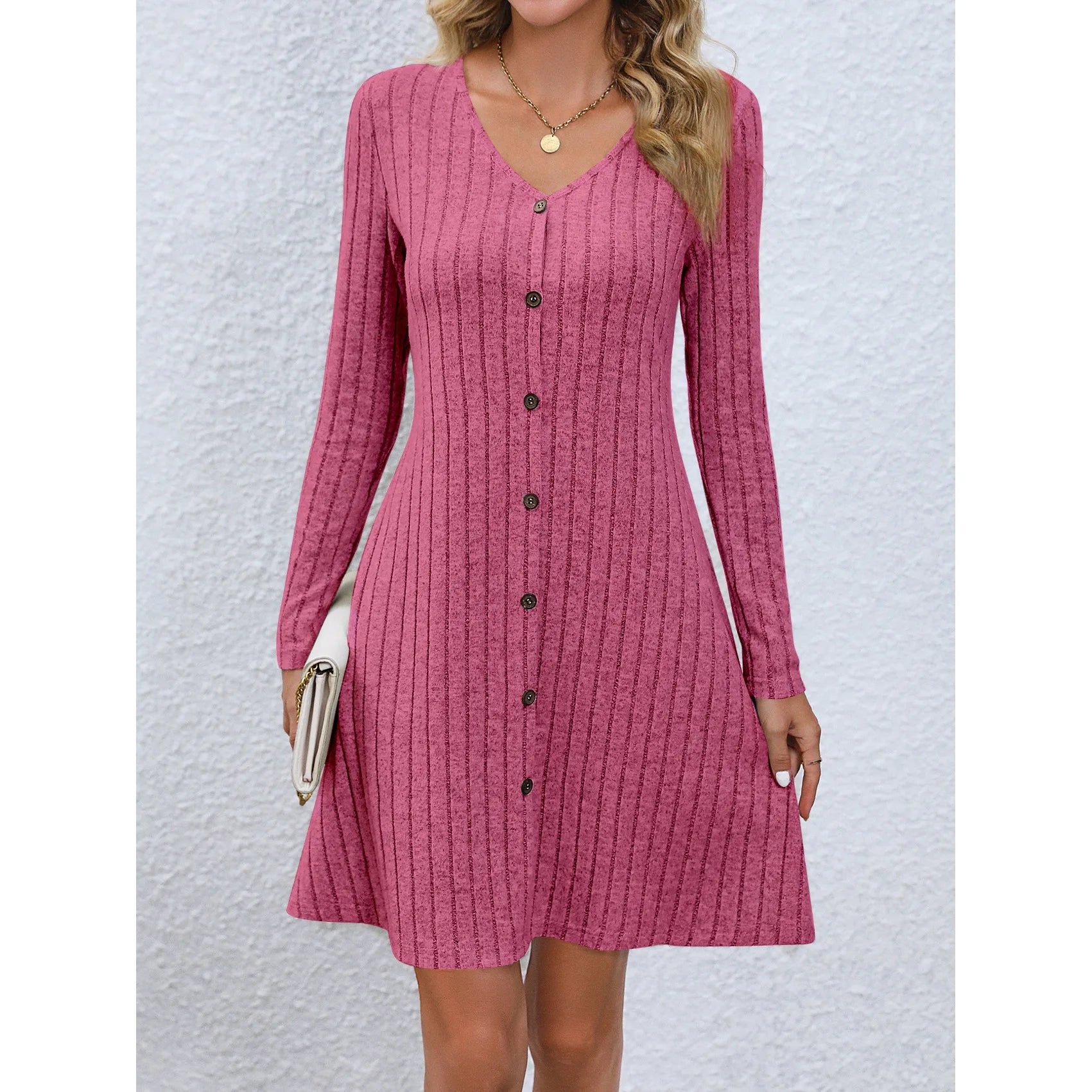 Women's Long Sleeve Solid Color Dress Botton Loose High Waist A-line V-Neck Women's Clothes Casual Dress rose red 724GoShop