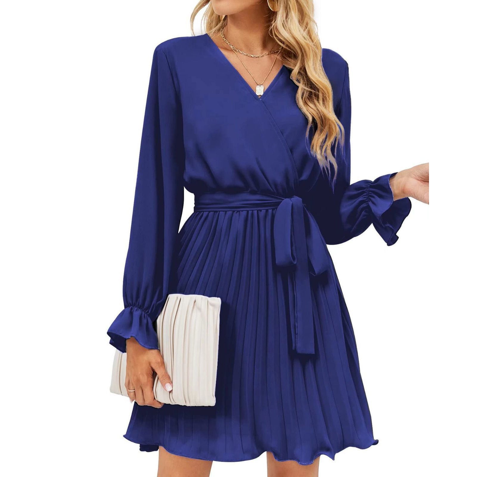 Women's Fashion Dress Long Sleeve Elegant Dress Casual V-neck Pleated Mini Dress with Belt 724GoShop