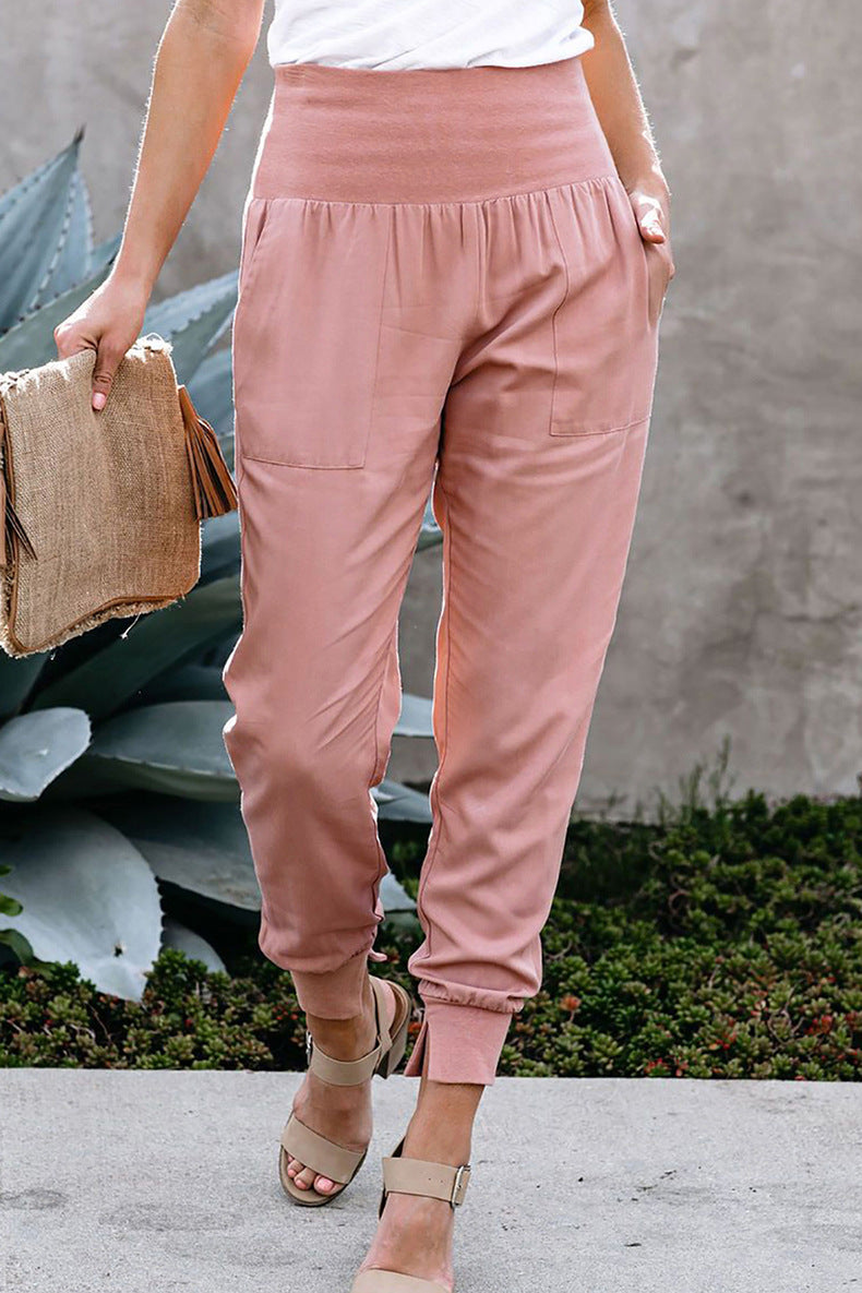 Women High Waist Stretchable Long Trousers Pink 724GoShop