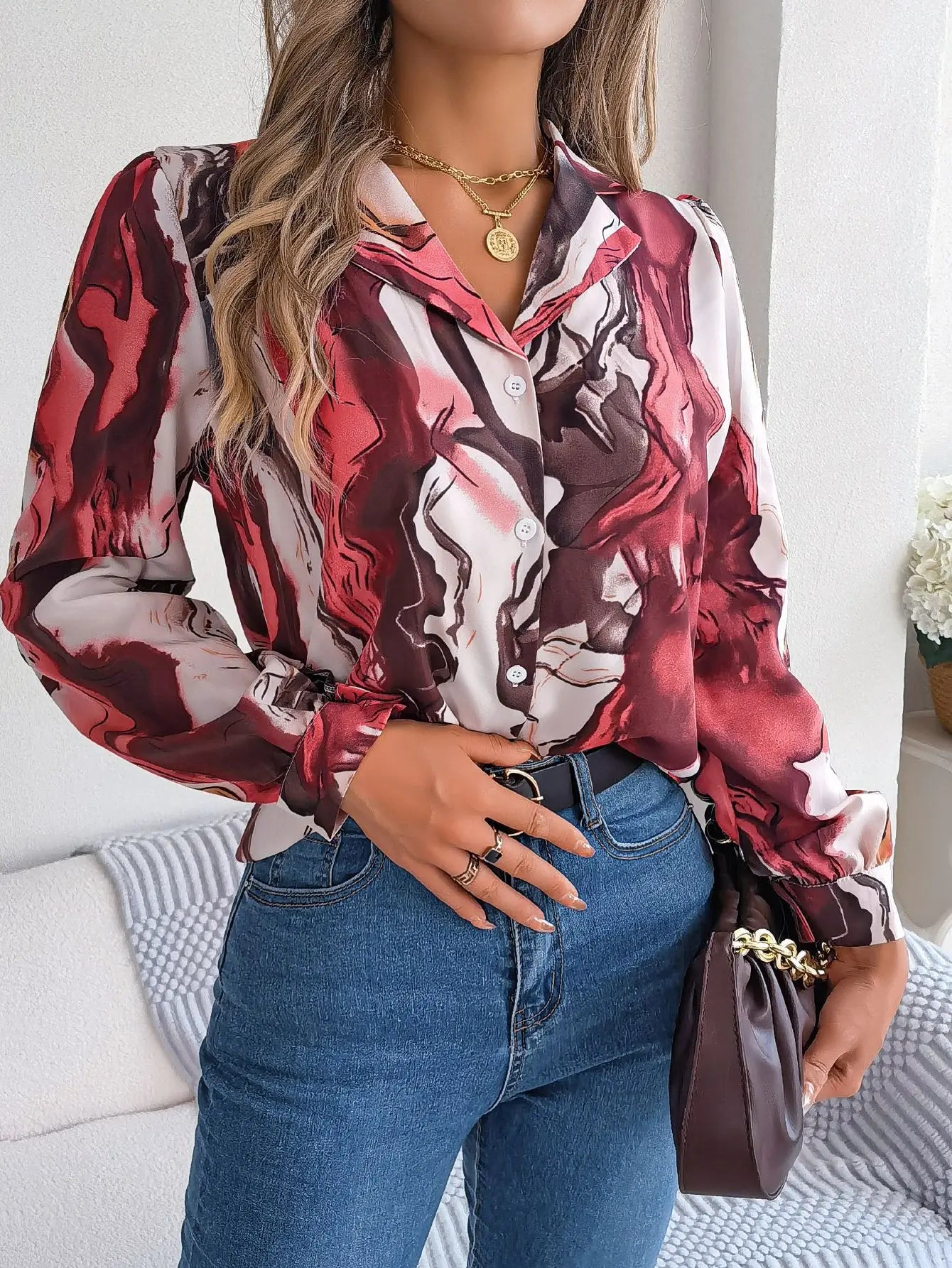 top women blouse casual contrasting printed striped blazer collar long sleeve ladies shirt Pink 724GoShop