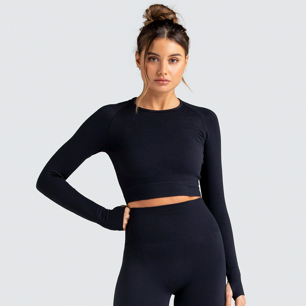 Seamless Pure Color Fitness Slim Breathable Tops Yoga Sports Gym Tight Long Sleeve Shirt For Women Black 724GoShop