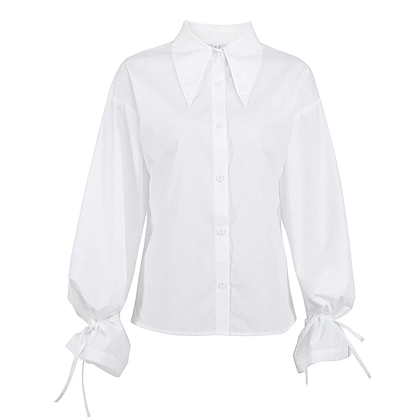 Turn-Down Collar Long Sleeve Lace Up Shirt Elegant White Shirts for Women 724GoShop