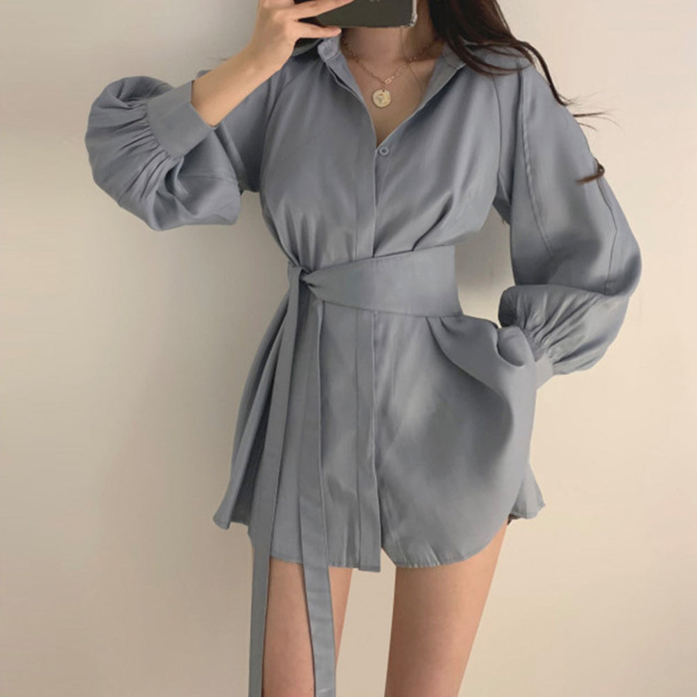 Women Long Shirts with Belt Solid Color Puff Long Sleeve French Lapel V-neck Loose Button Lady Tops Casual Shirt 724GoShop