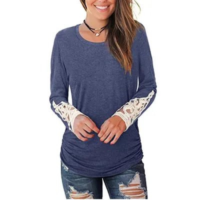 O Neck Lace Sleeves Pleated Women's T Shirt Top Tees Casual ladies Tshirt 8 724GoShop