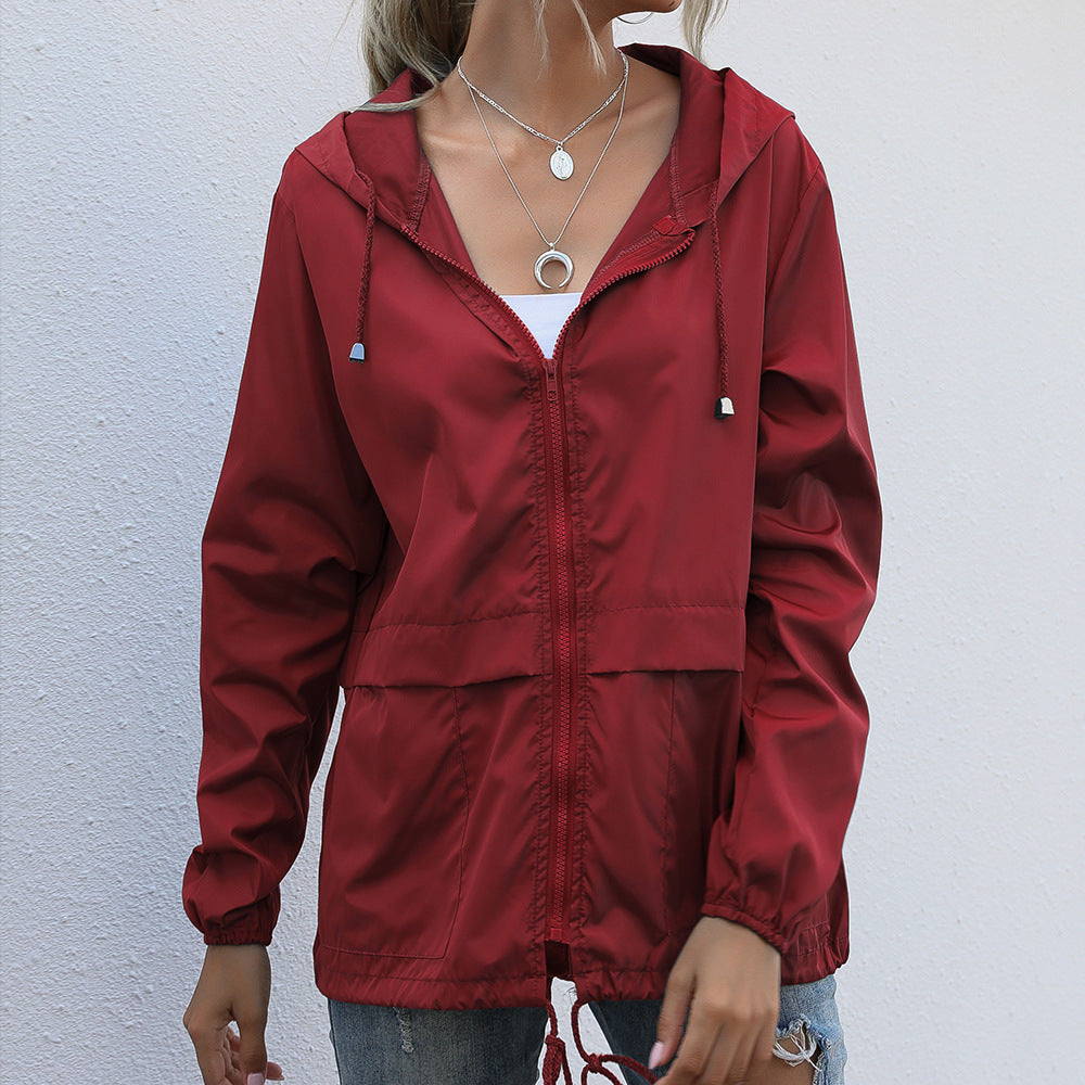 Windbreaker Lightweight Rain Hooded Pockets Outdoor Women's Waterproof Raincoat Jacket wine red 724GoShop