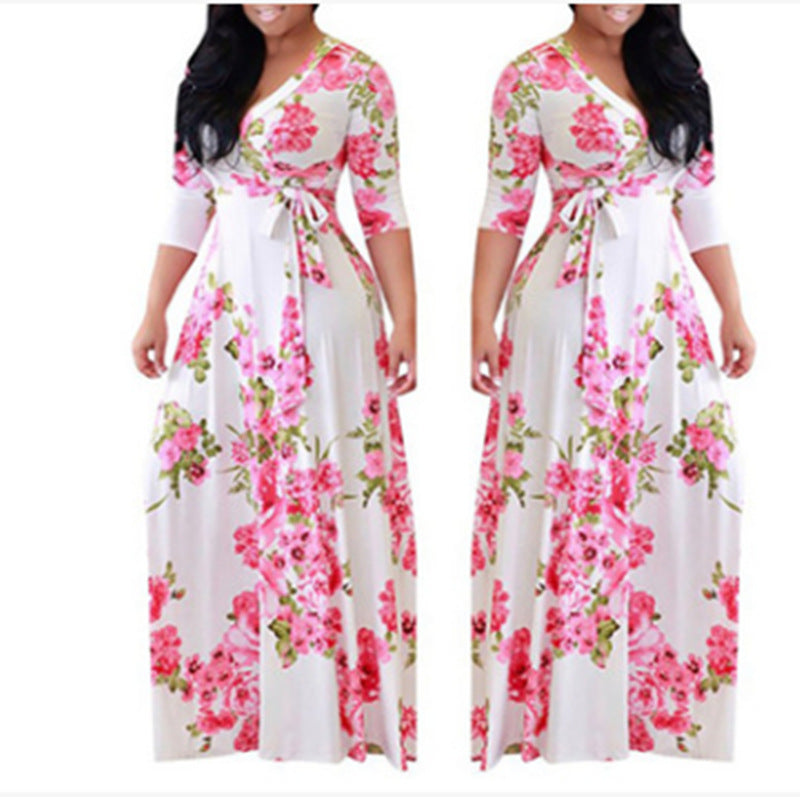 Summer Fashion Europe and America Women V-neck Printing Flower Long Dress Ladies Plus Size Dress 724GoShop