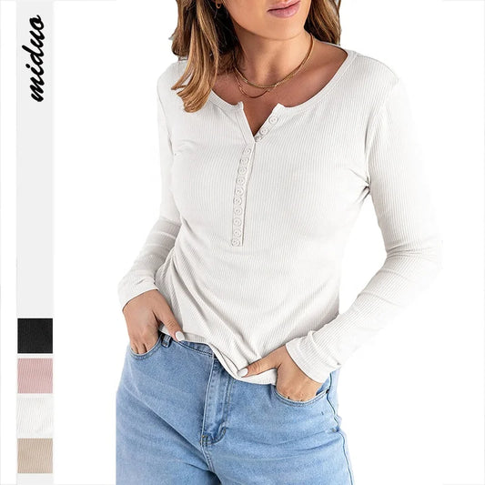 Trendy Button Blouse Ribbed Clothes V Neck Women T Shirts Basic Top 724GoShop