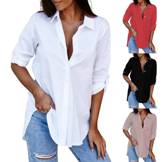 Shirt Women Fashion Solid Color V Neck Long Sleeve Blouse Party Tops Women 2021 2XL Office Wear 724GoShop