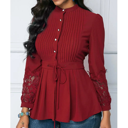 Vintage Elegant Women Shirts Blouses Office Long Sleeve Lace Panel Crinkle Chest Peplum Blouse 724GoShop