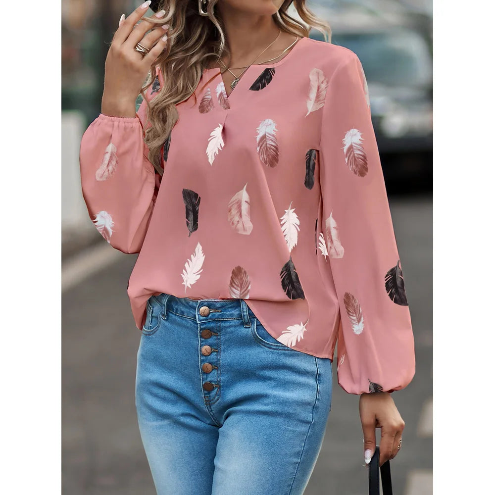 new ladies V neck feather print long sleeve loose fitting plus size women's shirt tops Pink 724GoShop