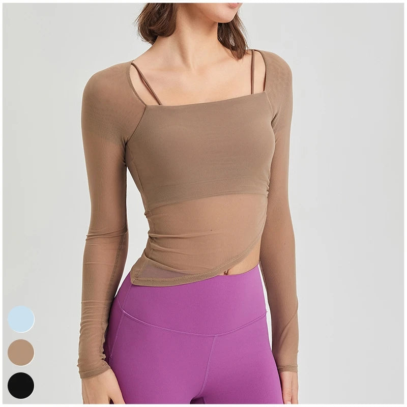 Quick Dry Tshirt Breathable Mesh Square Neckline Sports Tops Women Long Sleeve 724GoShop