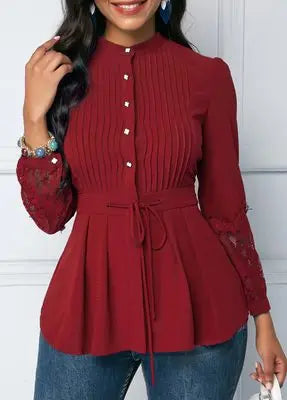 Vintage Elegant Women Shirts Blouses Office Long Sleeve Lace Panel Crinkle Chest Peplum Blouse Red 724GoShop