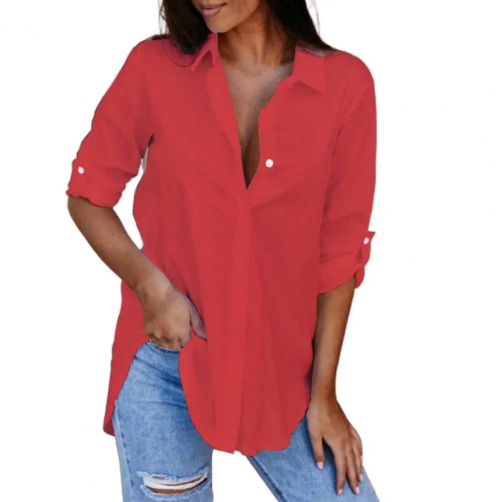 Shirt Women Fashion Solid Color V Neck Long Sleeve Blouse Party Tops Women 2021 2XL Office Wear 724GoShop