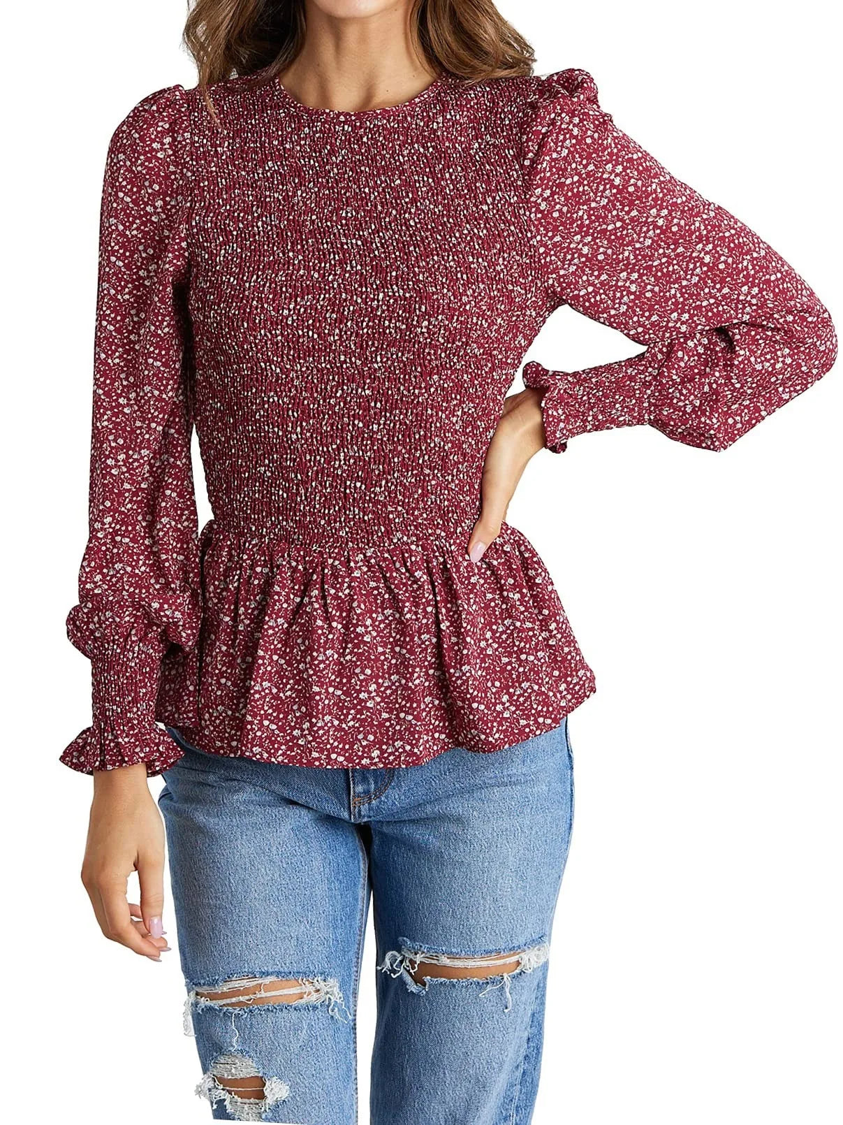 Women Blouses Pullover Denim Shirts Waist Denim Blouse Red 724GoShop