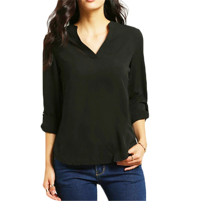 tops plus size women's V-neck long-sleeved pleated sleeve loose chiffon shirt Black 724GoShop