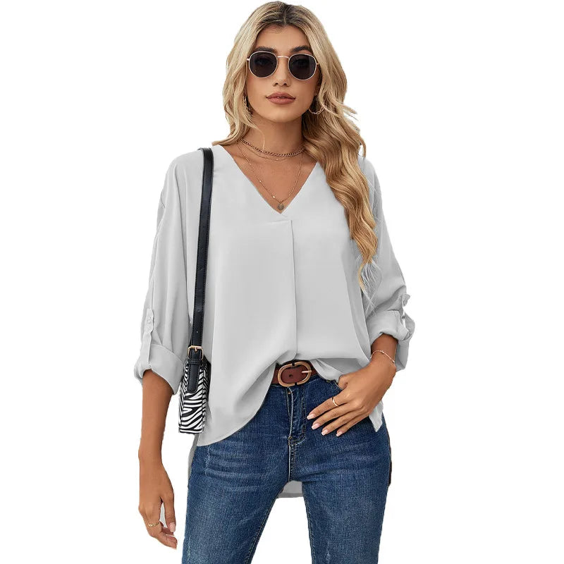 Chiffon Blouse Solid Color Fashion Women's V-neck Long Sleeve Casual Blouse For Women 724GoShop