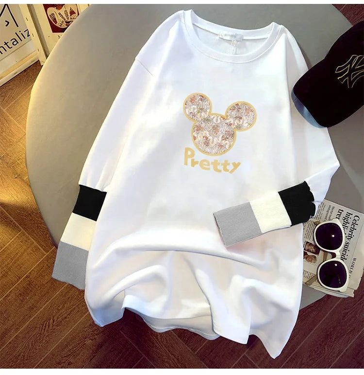 new women's blouse cartoon printing stitching sleeves white long-sleeved T-shirt ladies casual pullover 724GoShop