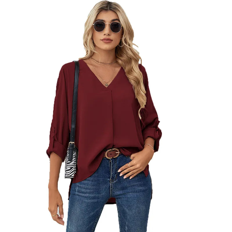 Chiffon Blouse Solid Color Fashion Women's V-neck Long Sleeve Casual Blouse For Women Burgundy 724GoShop