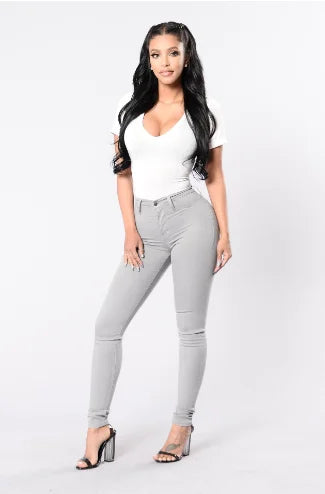 Women Elastic Stretch Jeans High Waist Solid Color Trousers Skinny Jeans Denim Pants Gray 724GoShop