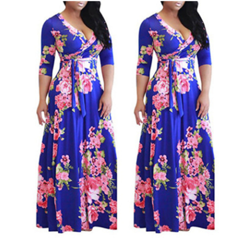 Summer Fashion Europe and America Women V-neck Printing Flower Long Dress Ladies Plus Size Dress 724GoShop