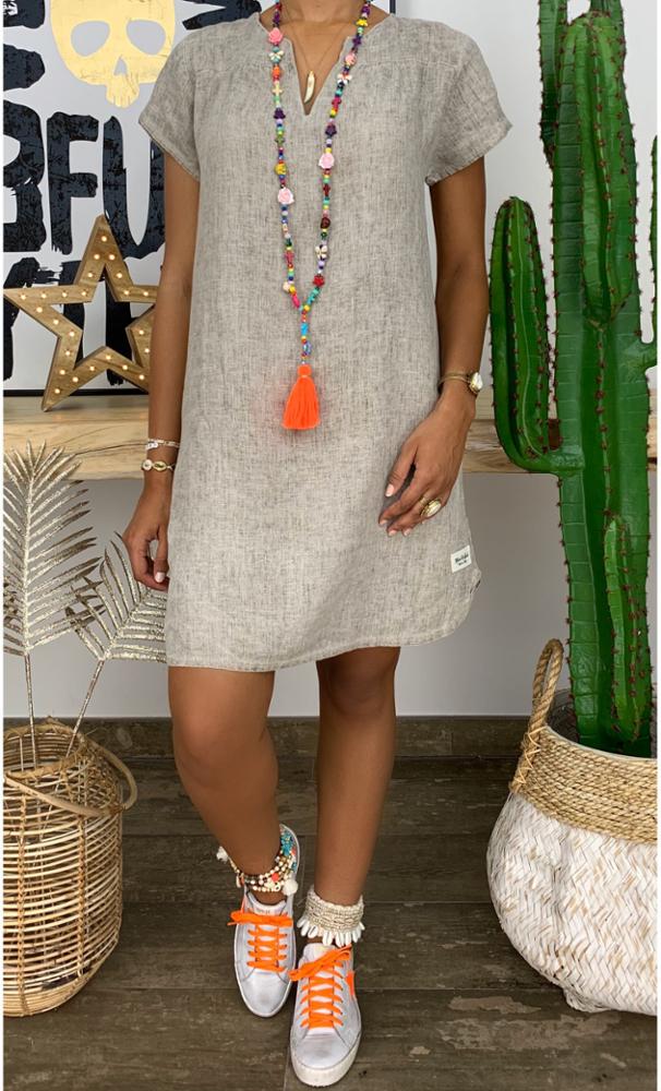 Summer Casual Dresses 2022 Loose Solid Color Short-sleeve V-neck Cotton And Linen Dress Gray 724GoShop