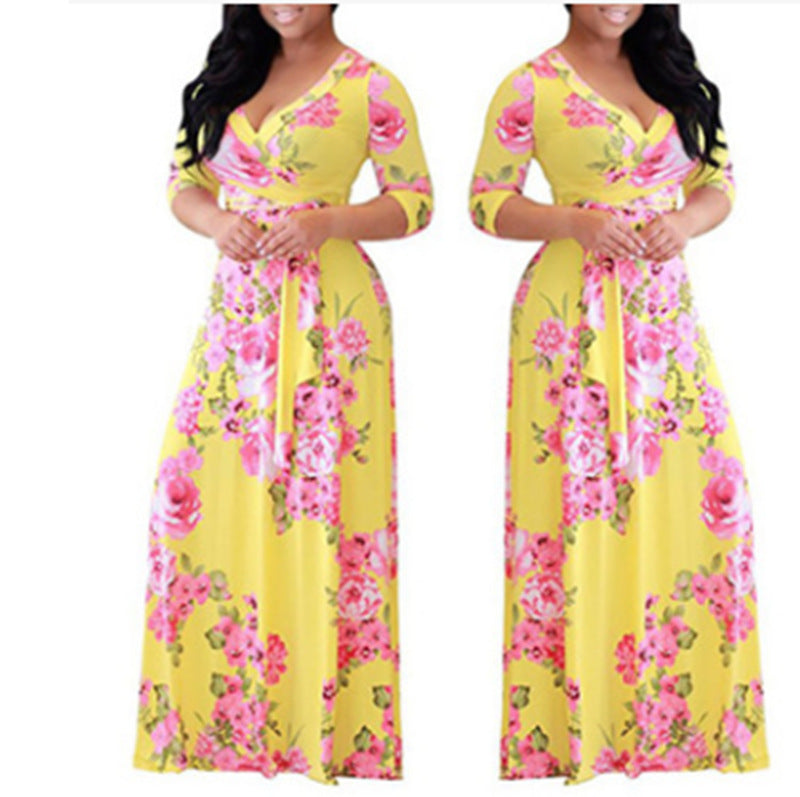 Summer Fashion Europe and America Women V-neck Printing Flower Long Dress Ladies Plus Size Dress Yellow 724GoShop