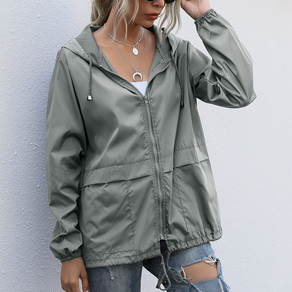 Windbreaker Lightweight Rain Hooded Pockets Outdoor Women's Waterproof Raincoat Jacket light grey 724GoShop