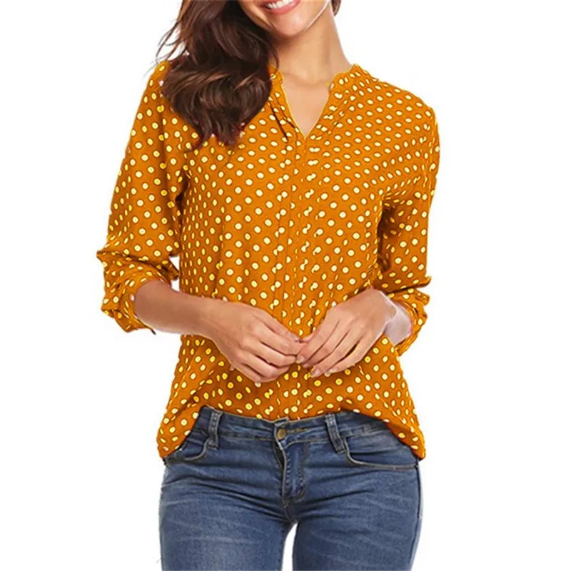 Women Polka Dot Printed V-neck Long Sleeve Roll Sleeve Loose Blouse Yellow 724GoShop