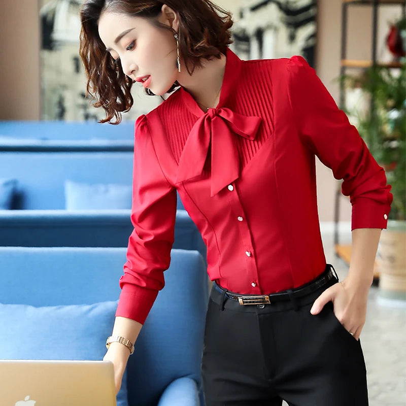 Tie Shirts for Women Color Pleated Blouse Office Lady Bow Female Tops Chemise 724GoShop