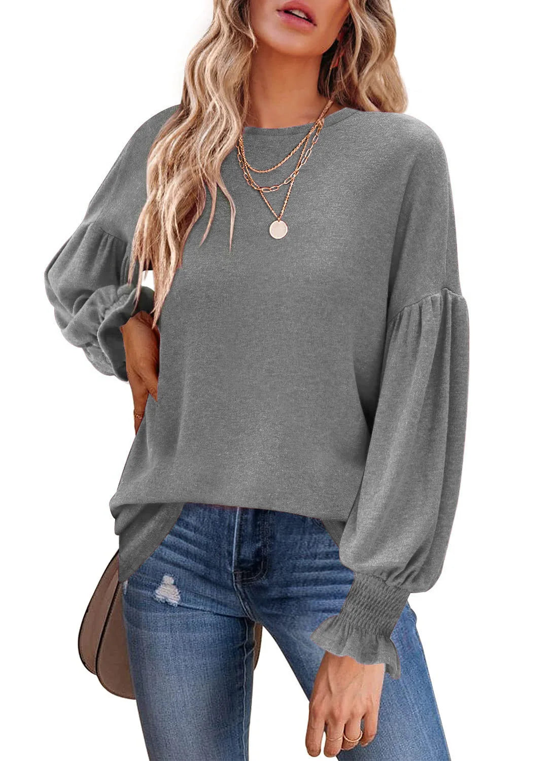 Women Clothes Lantern Long Sleeve Pullover Slim T Shirts Tops Gray 724GoShop