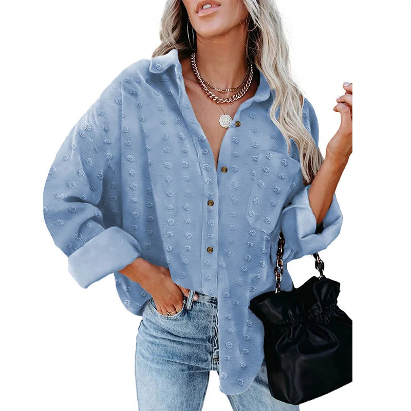 Solid color long sleeves casual plus size chiffon blouse cardigan tops women's blouses & shirts Blue 724GoShop