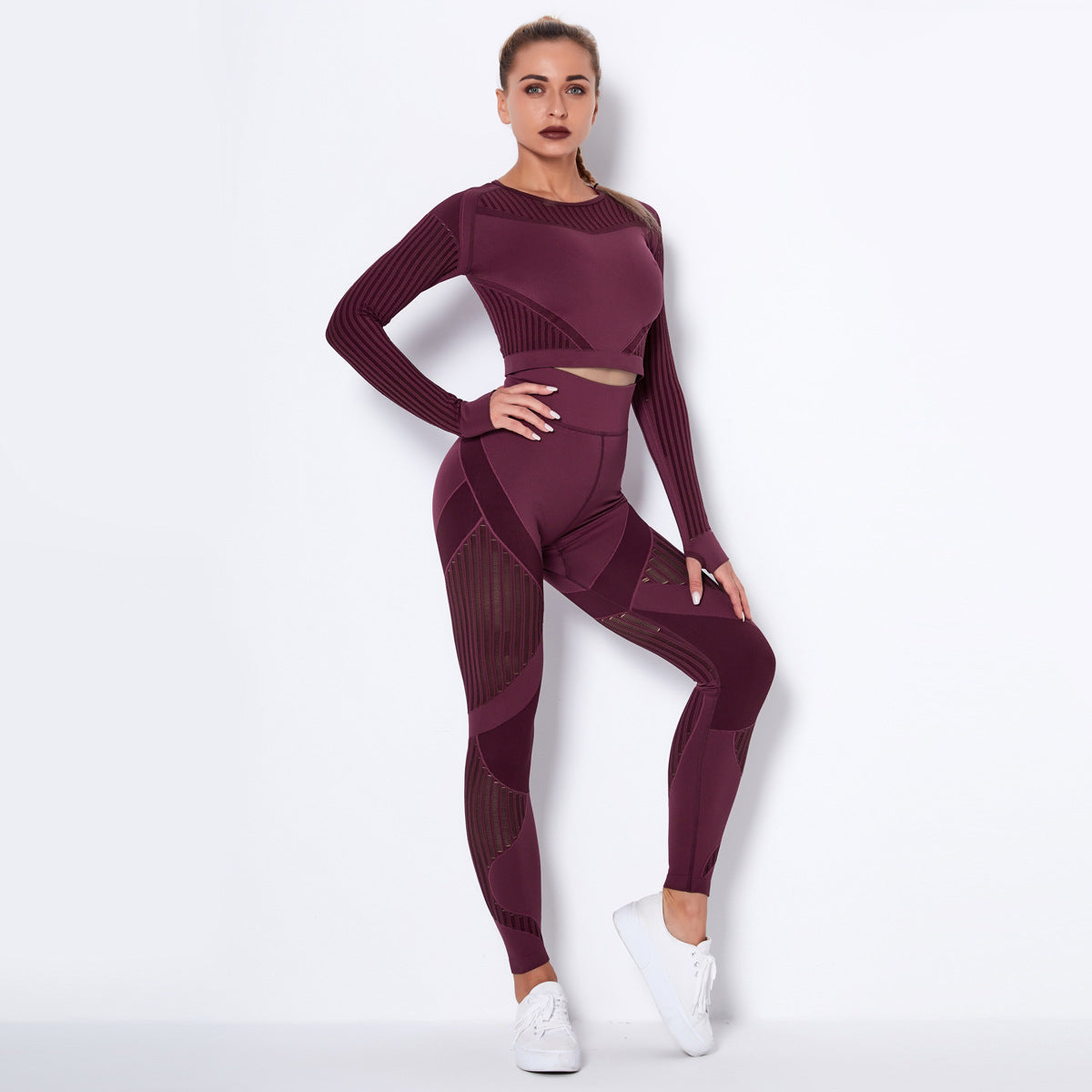 Women High waist Fitness Leggings Sport Set Tracksuit Workout Long Sleeve Seamless Yoga Clothes wine red 724GoShop