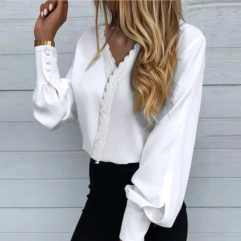 Fashion Ladies Shirts For Women Print Lace Casual Shirts White 724GoShop