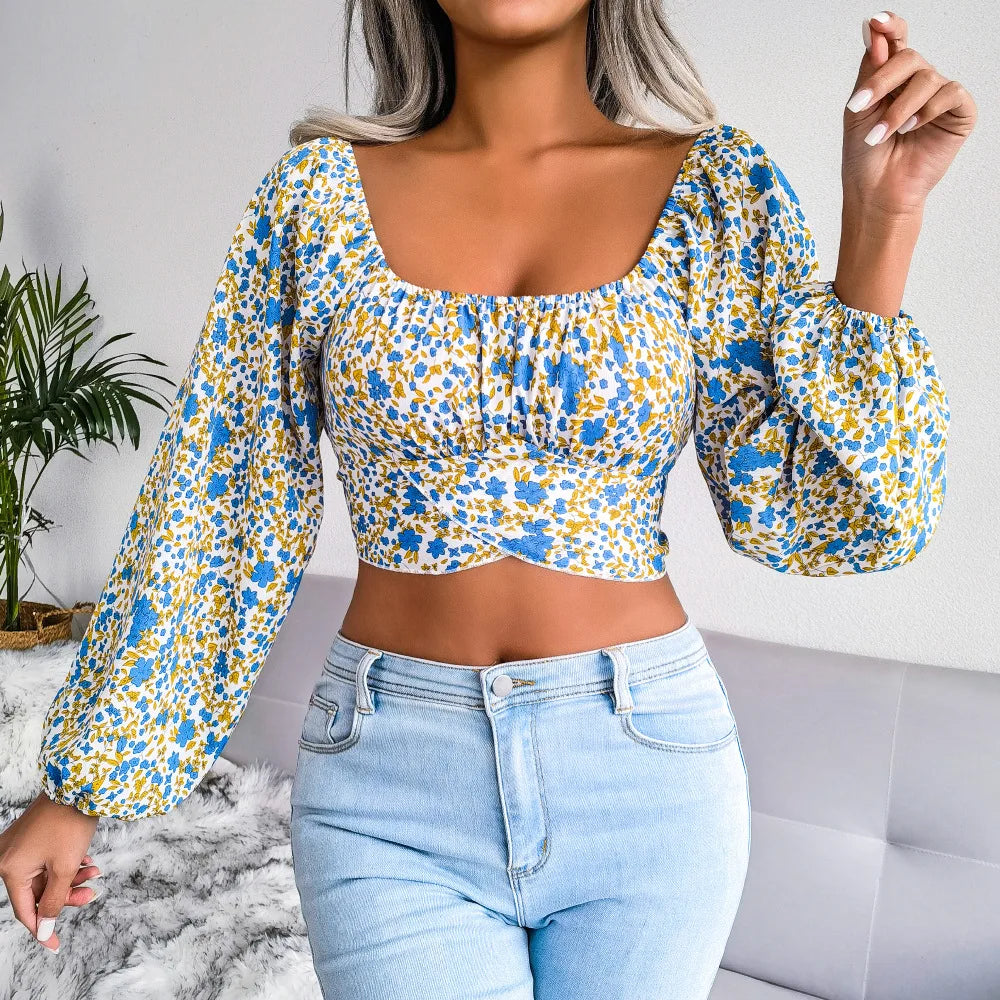 Tops Long Sleeve Floral Retro T-shirt Clothes Unique Design Square Neck Casual Shirt White 724GoShop