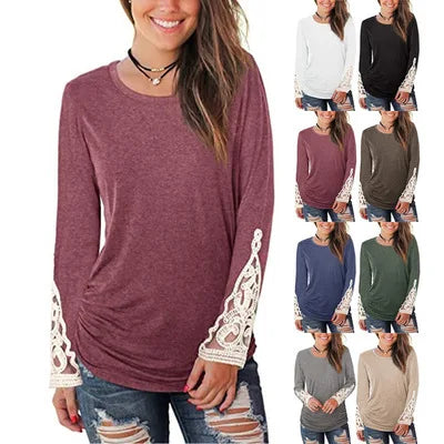 O Neck Lace Sleeves Pleated Women's T Shirt Top Tees Casual ladies Tshirt 724GoShop