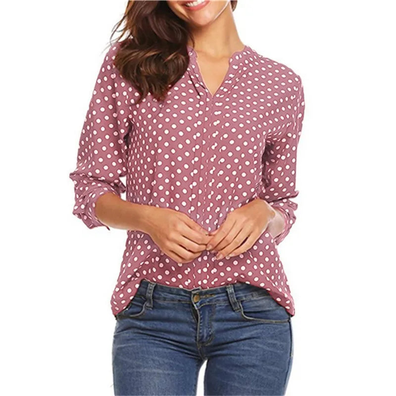 Women Polka Dot Printed V-neck Long Sleeve Roll Sleeve Loose Blouse 724GoShop