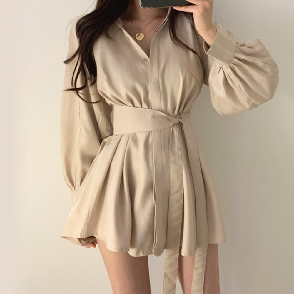 Women Long Shirts with Belt Solid Color Puff Long Sleeve French Lapel V-neck Loose Button Lady Tops Casual Shirt Apricot 724GoShop